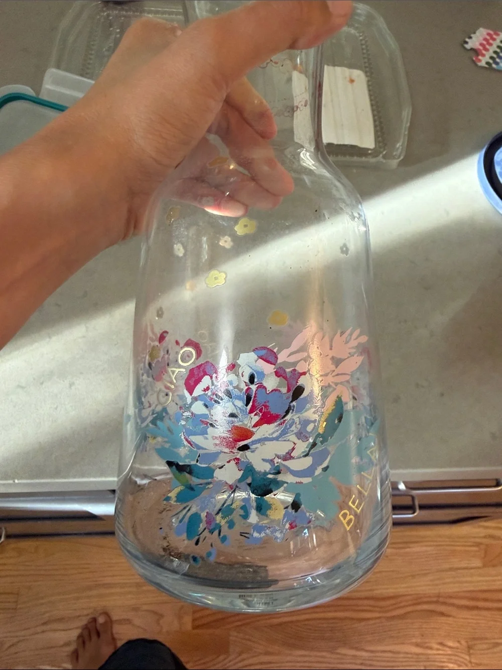 Anthropologie Clear Floral Glass Carafe with Gold Accents